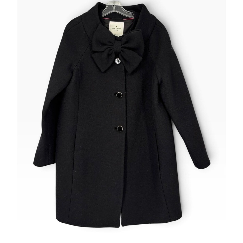 Kate Spade Bow Detail Overcoat Womens 12 Black Excellent Wool Blend Black Preppy
